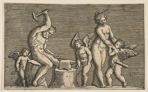 Vulcan Seated Hammering on an Anvil Flanked by Venus and Three Cupids