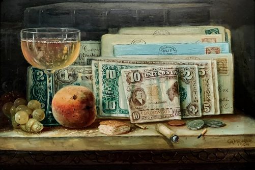 Still Life with Currency, Wine Glass, and Peach