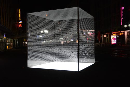 Glass Cube in Mannheim at Night, photograph by Hubert Berberich