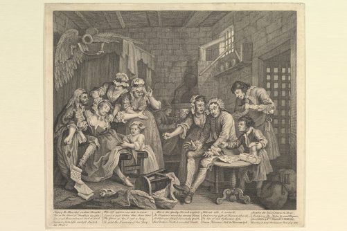 A Rake’s Progress, Plate 7 (Tom Rakewell confined in debtors’ prison), etching by William Hogarth