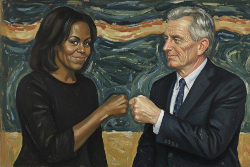 An Imagined Encounter Between Michelle Obama and Robert F. Kennedy  Jr, illustration created with Gemini Image Generation